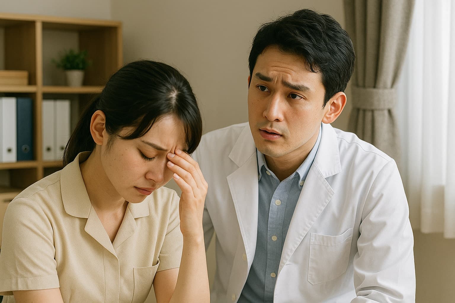 院長または管理者がハラスメント対応後のスタッフに優しく声をかけ、話を聞いている様子