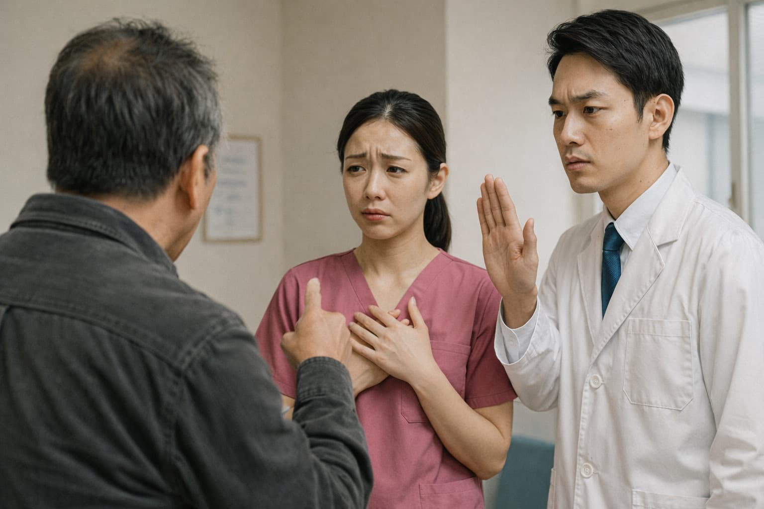 スタッフの安全と尊厳を宣言するポリシーが書かれた掲示物を院長とスタッフが確認している様子