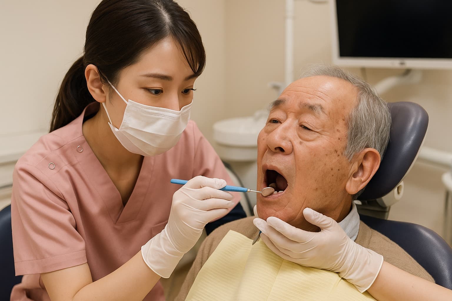 高齢者が食事中にむせたり、硬いものが食べにくそうにしている様子