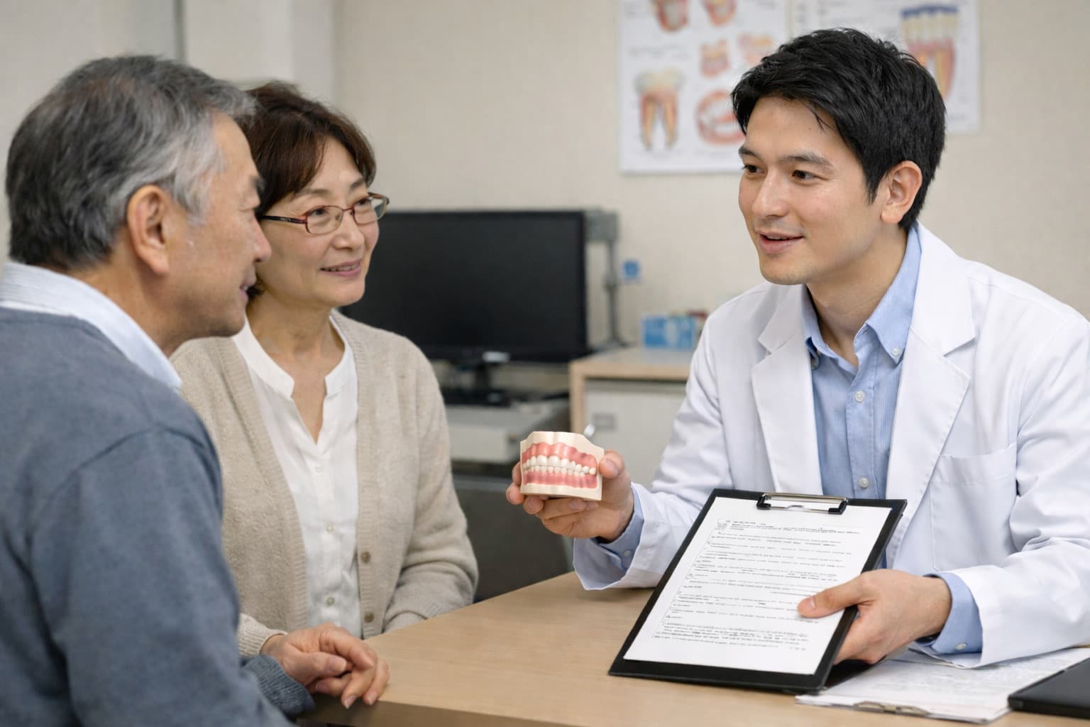 歯科衛生士がパタカラ発音の回数を数えるオーラルディアドコキネシス（ODK）検査を行っている様子