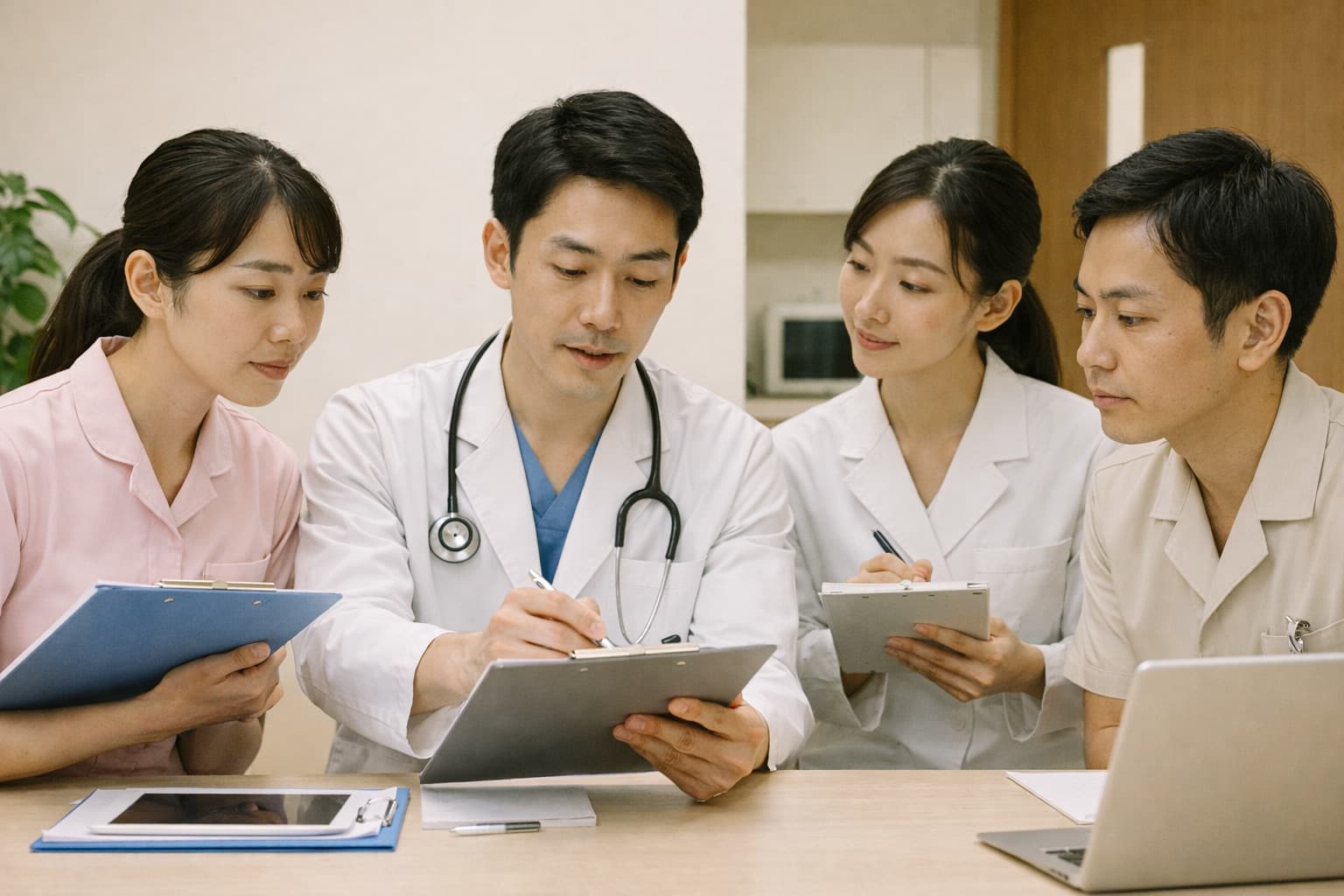 医師、歯科医師、歯科衛生士、看護師、管理栄養士が円卓を囲んで患者のケアプランについて話し合うカンファレンスの様子