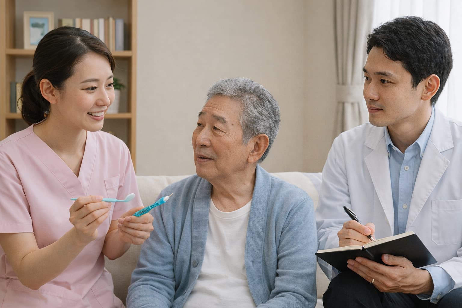 歯科衛生士が専門資格の認定証やバッジを持って笑顔でいる様子